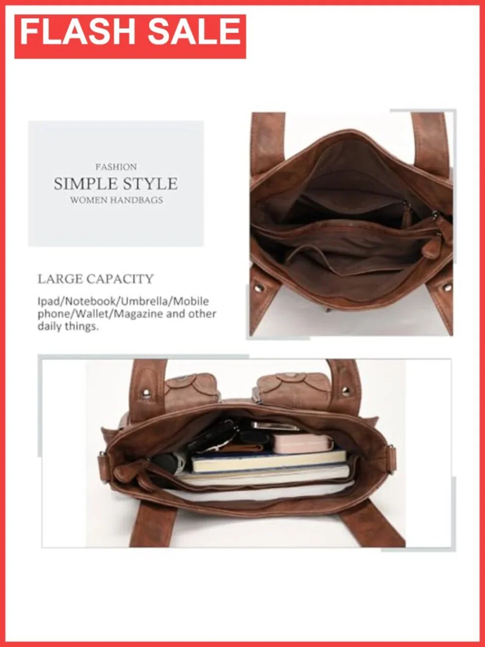 Large Hobo Tote PU Leather Shoulder Bag Multi-Pocket Purse